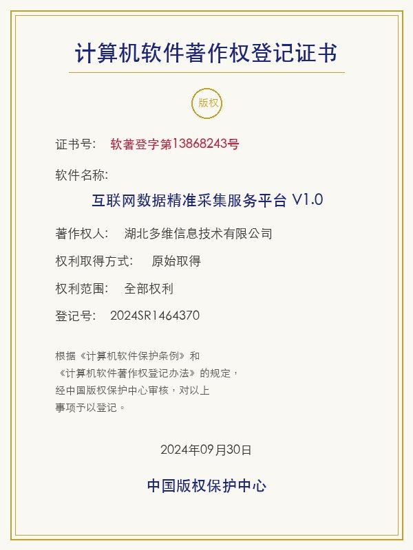 互联网数据精准采集服务平台软件著作权登记证书